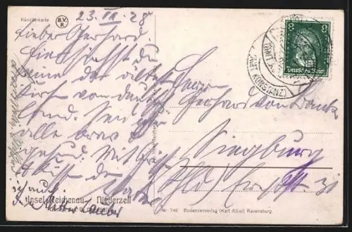 AK Reichenau-Niederzell, Kirche, Uferansicht, Bäume