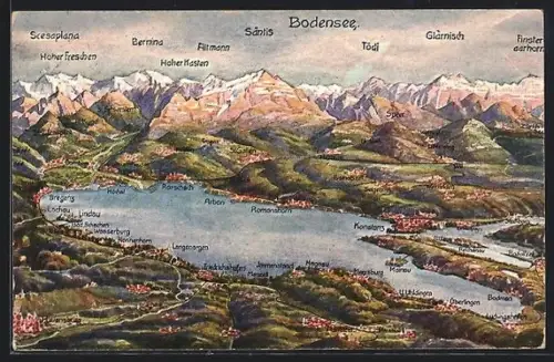 Künstler-AK Friedrichshafen /Bodensee, Panorama mit Städten und Alpen