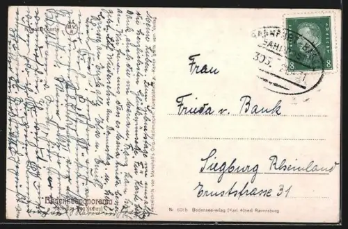 Künstler-AK Friedrichshafen /Bodensee, Panorama mit Städten und Alpen