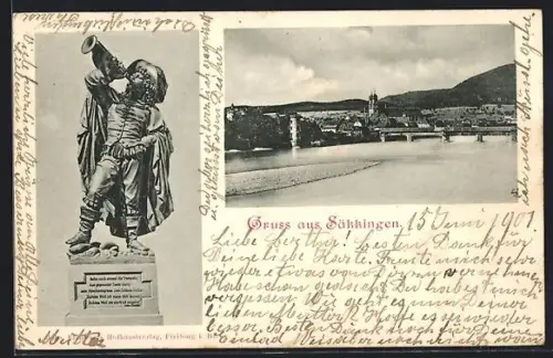 AK Säckingen, Trompeter-Denkmal, Rheinbrücke, Stadtansicht