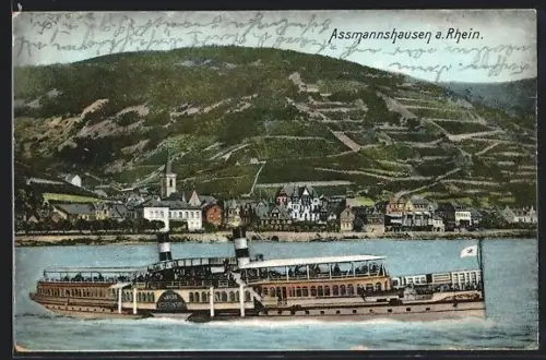AK Assmannshausen a. Rhein, Dampfschiff auf dem Rhein, Ortsansicht mit Weinbergen
