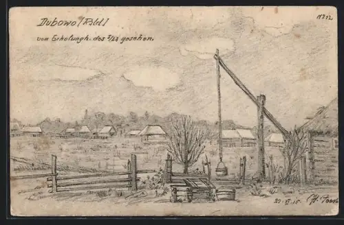 Künstler-AK Dubowo, Ortsansicht vom Erholungsheim der I/28 aus