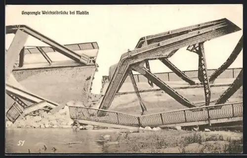 AK Modlin, Trümmer der gesprengten Weichselbrücke