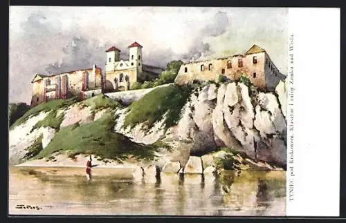 Künstler-AK Tyniec pod Krakowem, Klasztor i ruiny Zamku nad Wisla