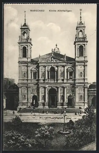 AK Warschau, Kirche Allerheiligen mit Passanten