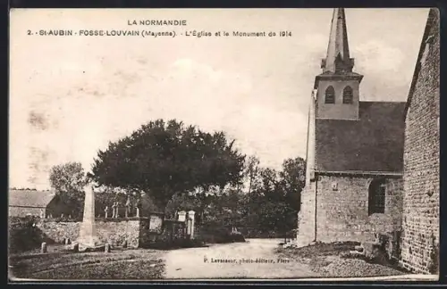AK St-Aubin-Fosse-Louvain /Mayenne, L`Église et le Monument de 1914