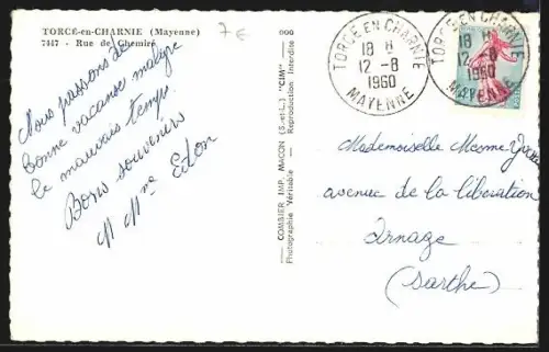 AK Torcé-en-Charnie /Mayenne, Rue de Chemiré avec vue sur l`église et maisons anciennes