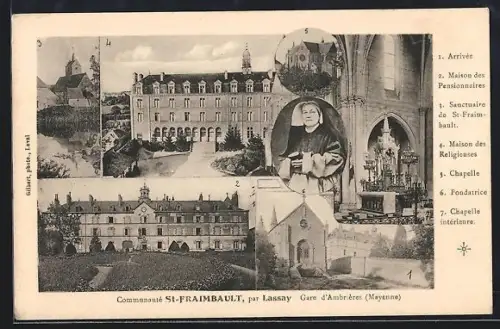 AK St-Fraimbault par Lassay, Communauté et Gare d`Ambrières, vues des bâtiments et chapelle