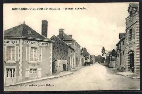 AK Bourgnoeuf-la-Forêt /Mayenne, Route d`Ernée avec commerces et maisons anciennes
