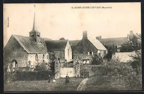 AK St-Aubin-Fosse-Louvain /Mayenne, Vue de l`église et des bâtiments environnants