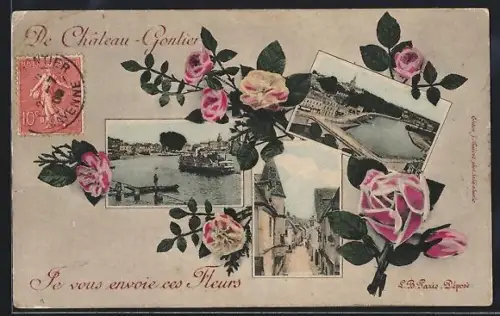 AK Château-Gontier, Collage de vues pittoresques avec roses