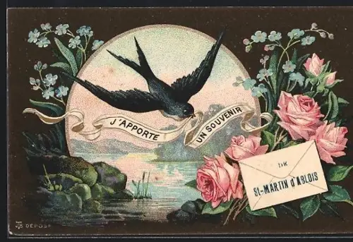AK St-Martin-d`Ablois, Hirondelle apportant un souvenir avec fleurs et paysage lacustre