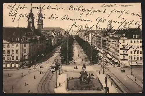 AK Dresden, Hauptstrasse mit Strassenbahn