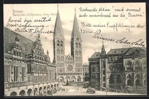 AK Bremen, Marktplatz mit Rathaus, Dom, Börse, Strassenbahn