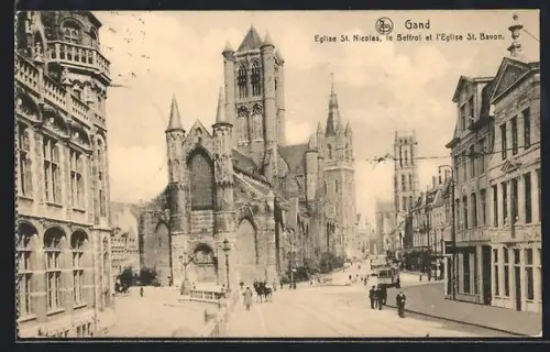 AK Gand, Eglise St. Nicolas, Strassenbahn