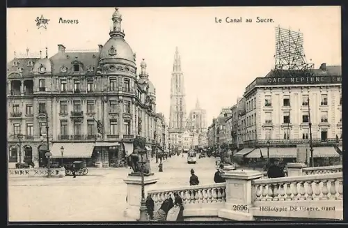 AK Anvers, Le Canal au Sucre, Cafe Neptune, Strassenbahn