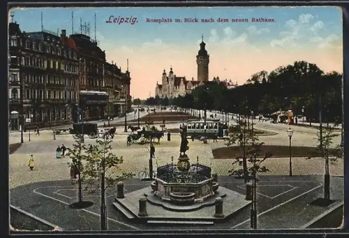 AK Leipzig, Rossplatz mit Blick nach dem neuen Rathaus, Strassenbahn