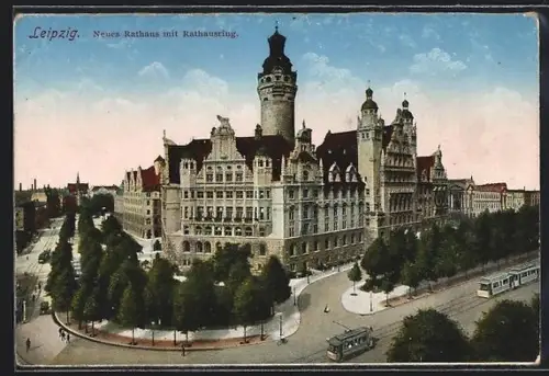 AK Leipzig, Neues Rathaus mit Rathausring, Strassenbahn
