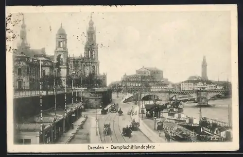 AK Dresden, Strassenbahn am Dampfschifflandeplatz