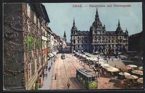 AK Graz, Strassenbahn am Hauptplatz mit Rathaus, Markttag