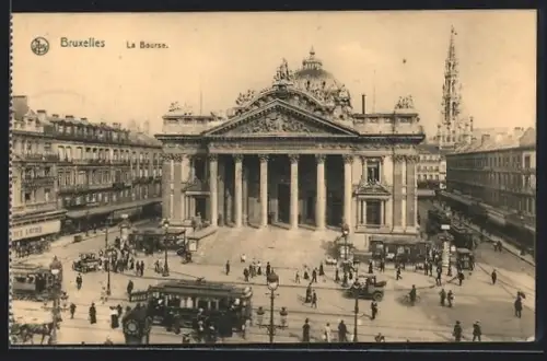 AK Bruxelles, La Bourse, Strassenbahn