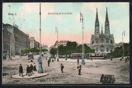 AK Wien, Schottenring mit Votiv-Kirche, Strassenbahn
