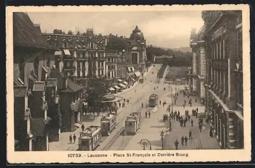 AK Lausanne, Place St Francois et Derrière Bourg, Strassenbahn
