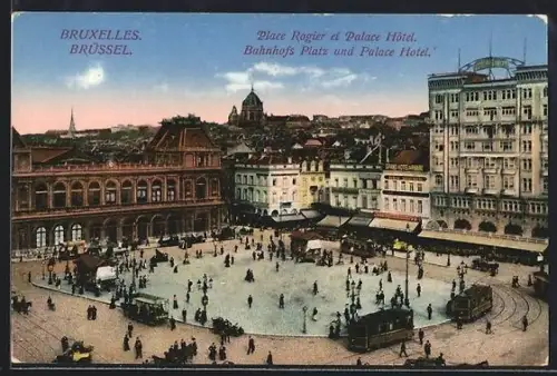 AK Brüssel, Bahnhofs Platz und Palace Hote, Strassenbahn