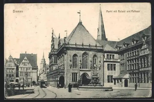 AK Bremen, Markt mit Roland und Rathaus, Strassenbahn