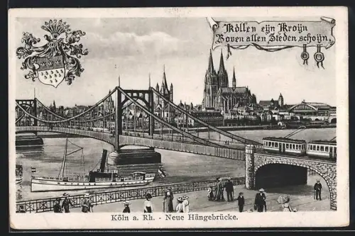 Künstler-AK Köln a. Rh., Strassenbahn auf der Neuen Hängebrücke