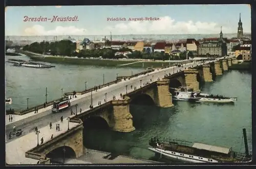 AK Dresden, Friedrich August Brücke mit Strassenbahn