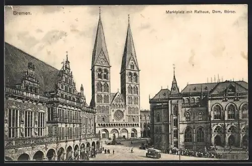 AK Bremen, Marktplatz mit dem Rathaus, dem Dom und der Börse, Strassenbahn