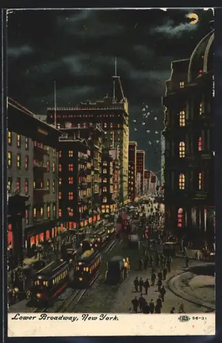 Künstler-AK New York, Lower Broadway, Strassenbahn