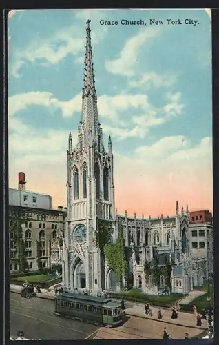 AK New York City, NY, Grace Church, Strassenbahn