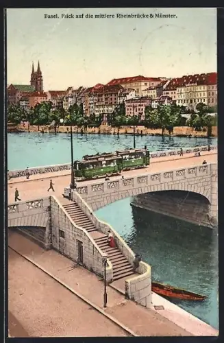 AK Basel, Mittlere Rheinbrücke mit Strassenbahn & Münster