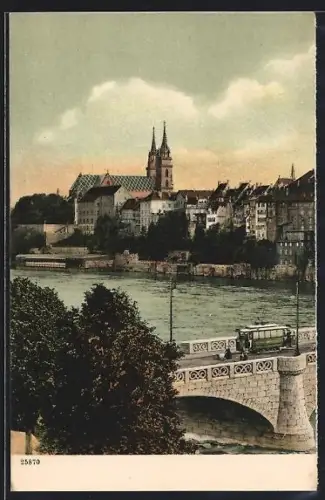 AK Basel, Brücke mit Strassenbahn, Im Hintergrund Kirche