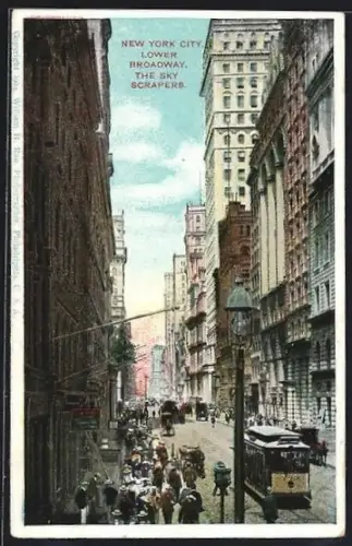 AK New York City, Lower Broadway & the sky scrapers, Strassenbahn