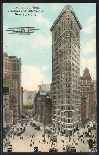 AK New York City, Flat Iron Building, Broadway and Fifth Avenue, Strassenbahn