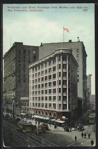 AK San Francisco, California, Westbank and Flood Buildings from Market and Ellis Streets, Strassenbahn