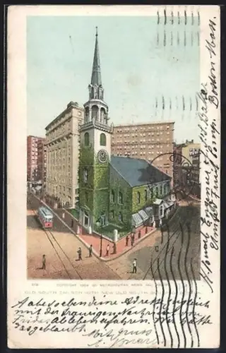 Künstler-AK Boston, Old Souch Church with New old South Building, Strassenbahn