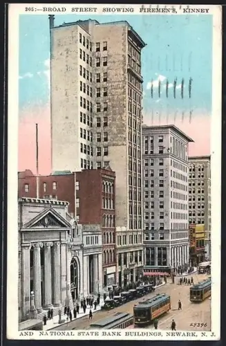 AK Newark, N. J., Broad Street showing Firements, Kinney and National State Bank Buildings, Strassenbahn