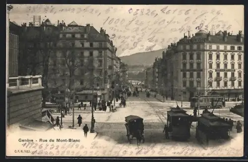 AK Genève, Rue du Mont-Blanc, Strassenpartie mit Strassenbahn