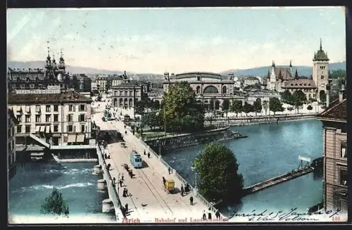 AK Zürich, Bahnhof und Landesmuseum mit Strassenbahn