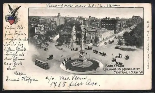 AK New York City, NY, Boulevard & Columbus-Monument, Cantral Park W., Strassenbahn