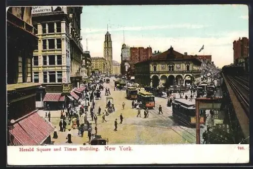 AK New York City, NY, Herald Square and Times Building, Strassenbahn