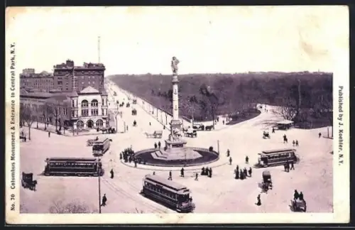 AK New York City, NY, Columbus Monument & Entrance to Central Park, Strassenbahn