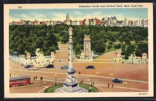AK New York City, N. Y., Columbus Circle and Central Park, Strassenbahn