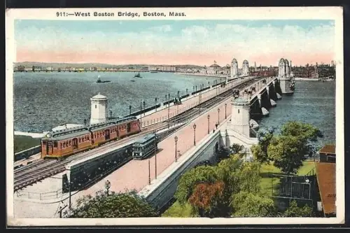 AK Boston, Mass., West Boston Bridge, Strassenbahn