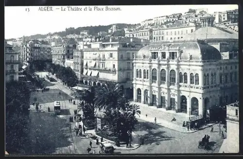 AK Alger, Le Thèatre et la Place Bresson, Strassenbahn
