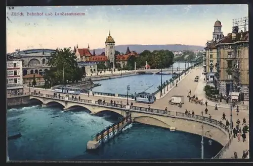AK Zürich, Bahnhof und Landesmuseum mit Strassenbahn